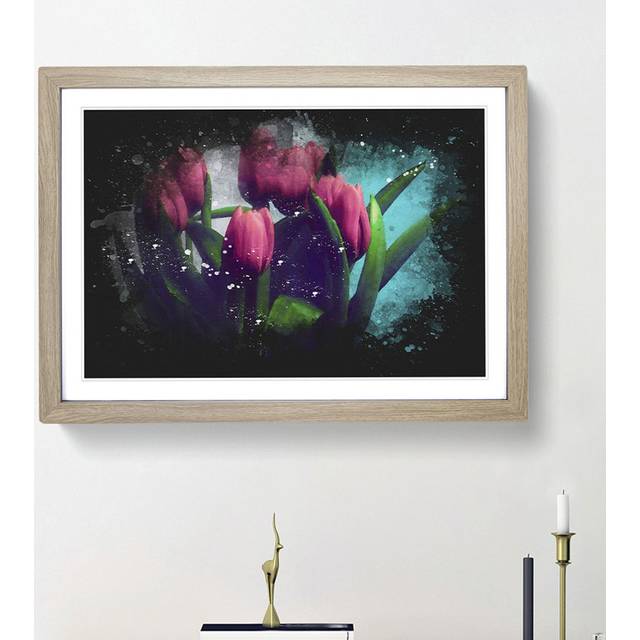 Bouquet of Red Tulips - Picture Frame Painting Print - Oak Framed (62cm H x 87cm W x 2cm D)