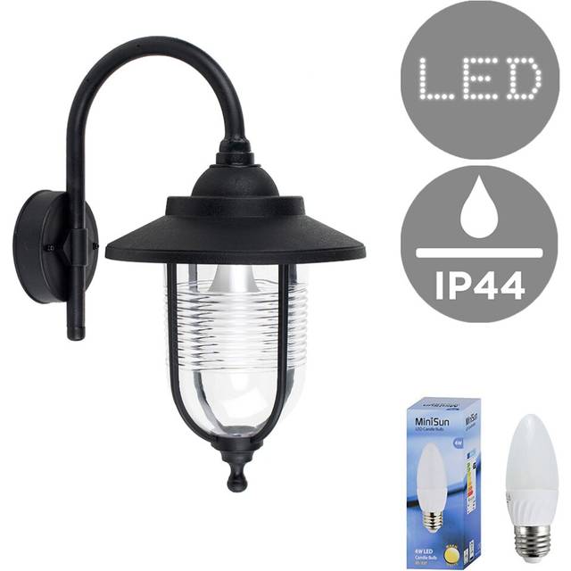 Modern Outdoor Black Fisherman Style Swan Neck Wall Light Lantern - IP44 Rated - with 1 x 4w ES E27 LED Candle Bulb