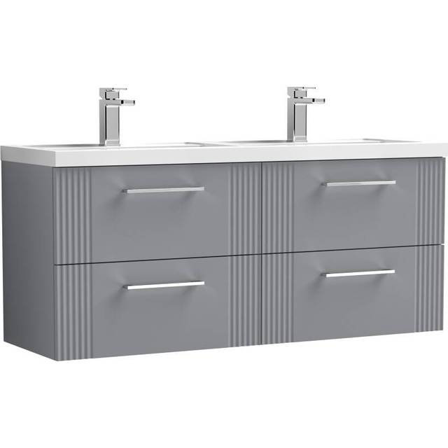 Retro 4 Drawer Wall Hung Vanity Unit with Double Polymarble Basin - 1200mm - Satin Grey - Balterley