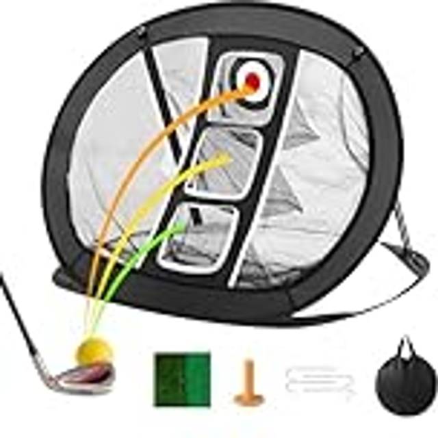 VEVOR golfflisnät, pop up golfträningsnät, portabelt inomhus utomhus golf träffhjälpsnät med mål/matta/bollar/tröja/bärväska, för körträningsgunga för bakgård, present för män, svart