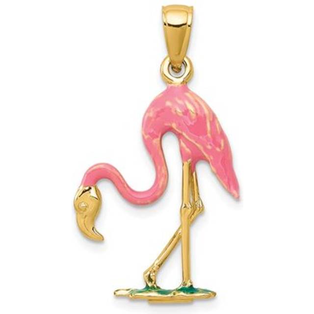 Quality Gold K1905 14K Yellow Gold Enameled 3-D Pink Flamingo Pendant