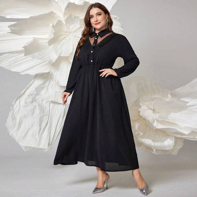 Modelyn Plus Size Solid Color V-Neck Lace Patchwork Elegant Long Sleeve Dress, Elegant Luxury A Line Dresses, For Evening Party/Wedding Guest/Anniversary Long