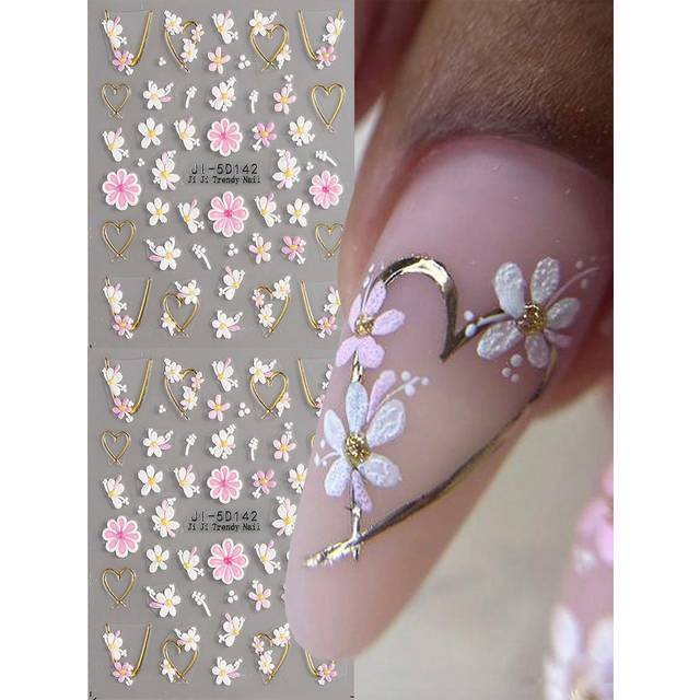 SHEIN 2pcs 5D Embossed Flowers Nail Stickers Pink Petals Lines Decals Nail Charms Butterflies Relief Sliders DIY Manicure Decor