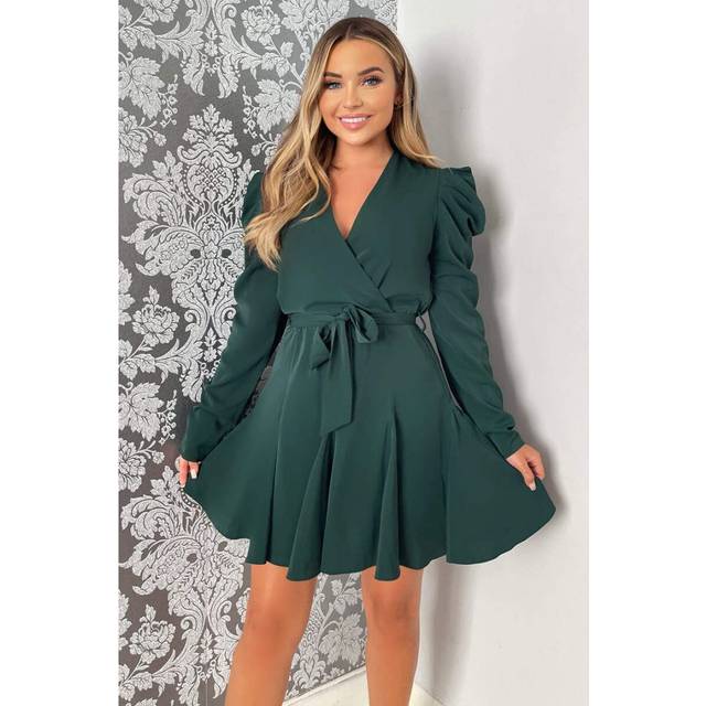 AX Paris Womens Teal Long Sleeve Tie Waist Skater Dress - Size 8 UK