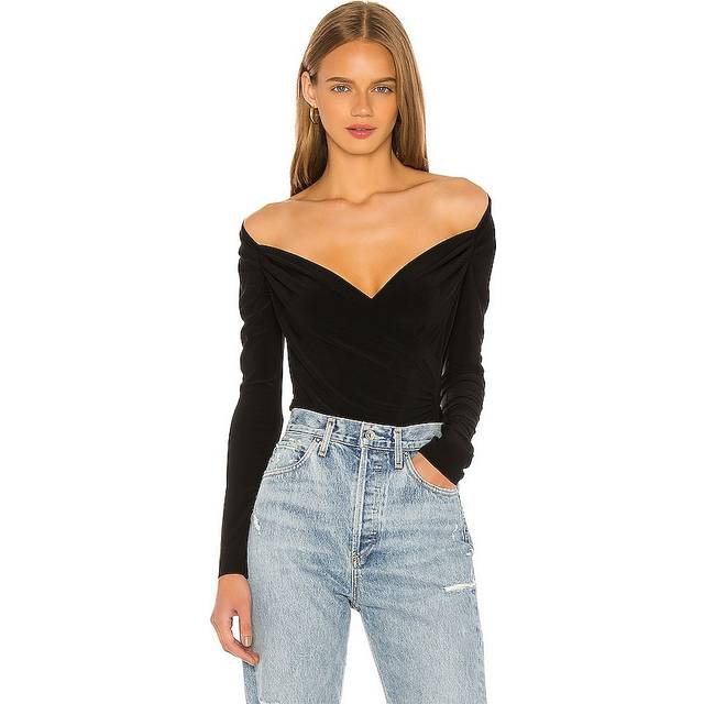 Norma Kamali Long Sleeve Sweetheart Side Drape Top in Black - Black. Size XS (also in S). (XS)