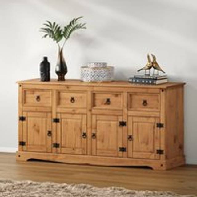 Mercers Furniture Corona 4 Door 4 Drawer Sideboard Large Cabinet Storage Solid Pine With Mexican Styling, Brown
