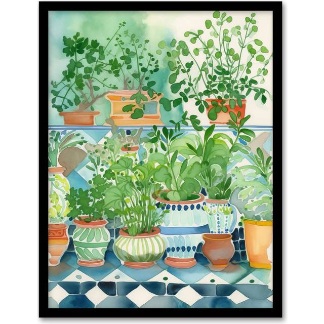 Fresh Herb Plant Pots On Tiled Shelves Folk - Single Picture Frame Art Prints (43.3cm H X 33.3cm W)