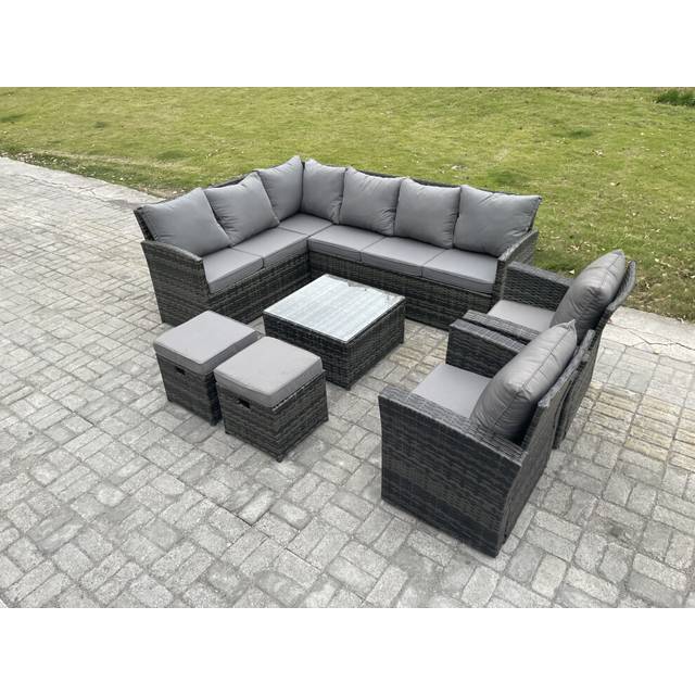 Fimous 10 Seater Wicker Rattan Corner Sofa Sets Outdoor Garden Furniture Sets with Rectangular Dining Table Lounge Sofa 3 Footstools Armchair