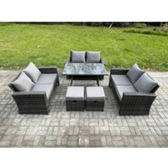 Fimous Outdoor Lounge Sofa Set Wicker PE Rattan Garden Furniture Set with Rectangular Dining Table 2 Seat Sofa 2 Small Footstools Dark Grey Mixed