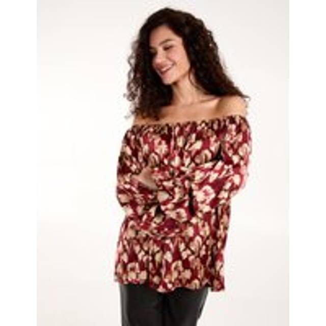 Floral Ruched Sleeve Bardot - ONE / BURGUNDY