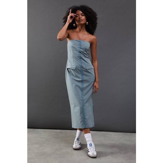 Warehouse Womens Check Hook & Eye Fitted Bandeau Midi Dress - Blue - Size 10 UK