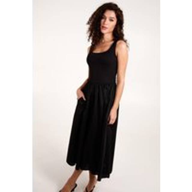Womens Square Neck Sleeveless Midi Pocket Dress - Black - One Size