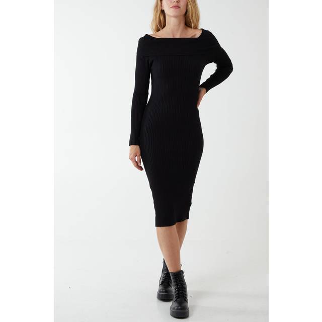 Womens Black Ribbed Bardot Dress - L