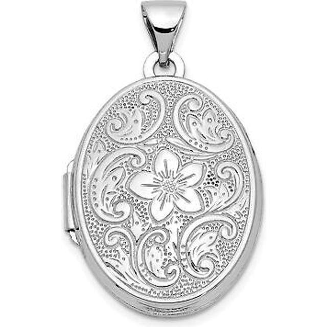 14K White Gold 21 mm Oval Floral Scroll Border Locket Pendant