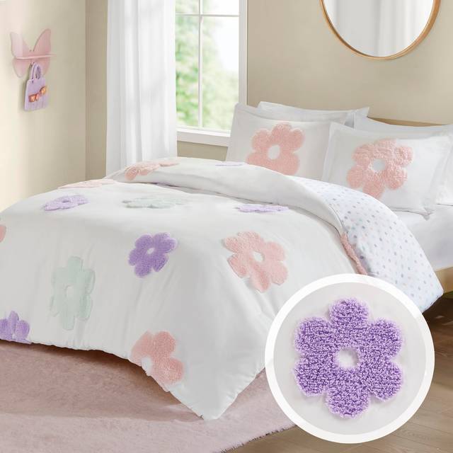 Urban Habitat Kids Twin Duvet Cover Set for Girls  Tufted Chenille Floral Duvet Set Twin  Lightweight Polka Dot Duvet Reversible Bedding Cover  Sham