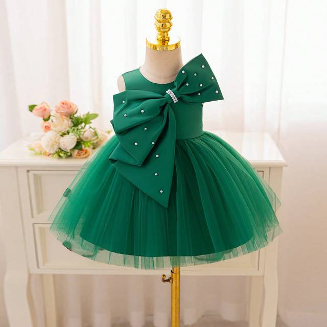 SHEIN Toddler Girls Christmas Party Dress, Green Satin & Tulle Puff Dress, Sleeveless High-End Elegant Baby Girls Gown