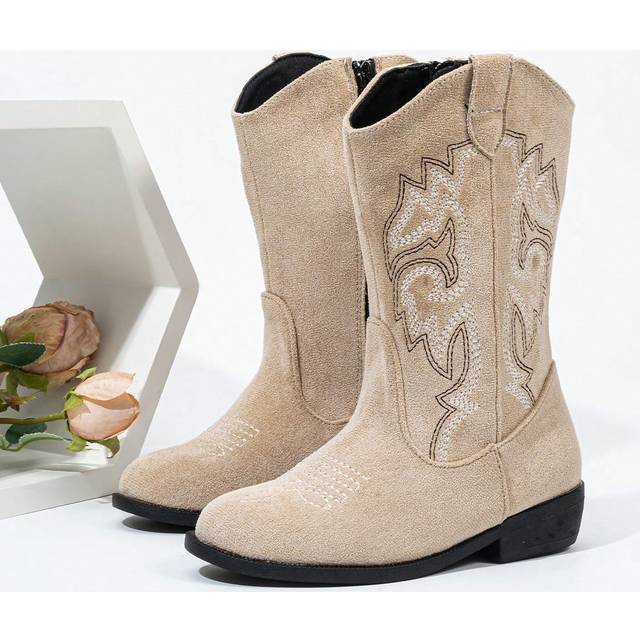 SHEIN Music Festival Fashionable Durable Embroidered Western Style Cowboy Boots, Children&#39;s Knee-High Boots With Retro Print
