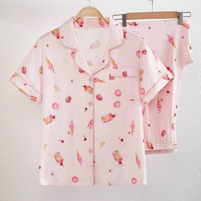 SHEIN Faux Silk Cake & Ice Cream Printed Lapel Short Sleeve Pajama Set