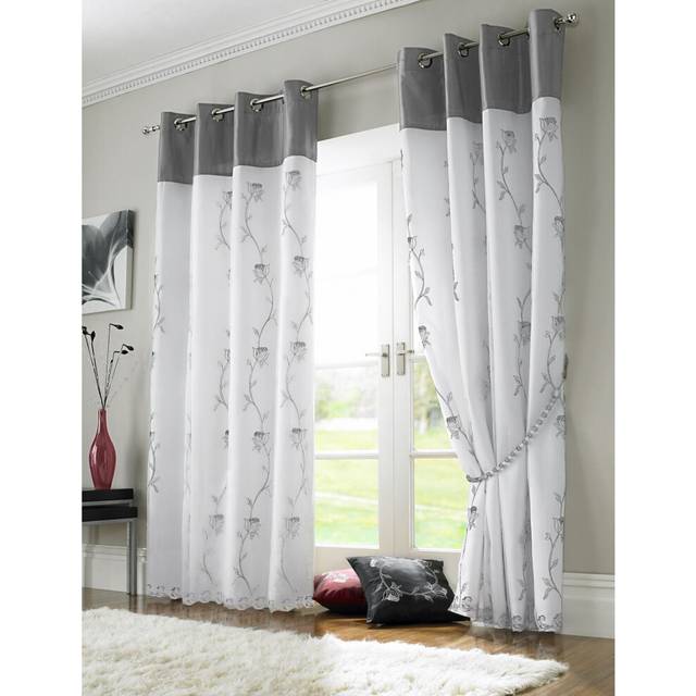 "Tahiti Eyelet Curtains Embroidered Lined Voile Silver 56x54"""