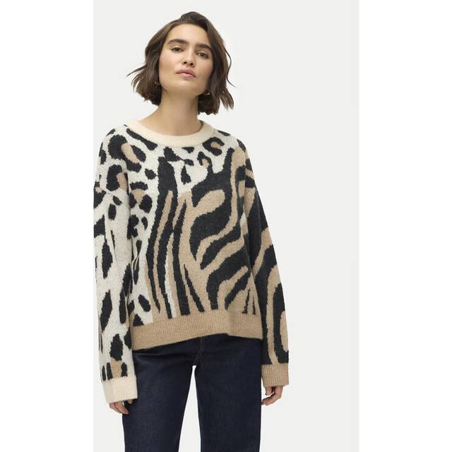 Animal Print Jumper in Fine Knit - Black Print/Beige/Ecru - S