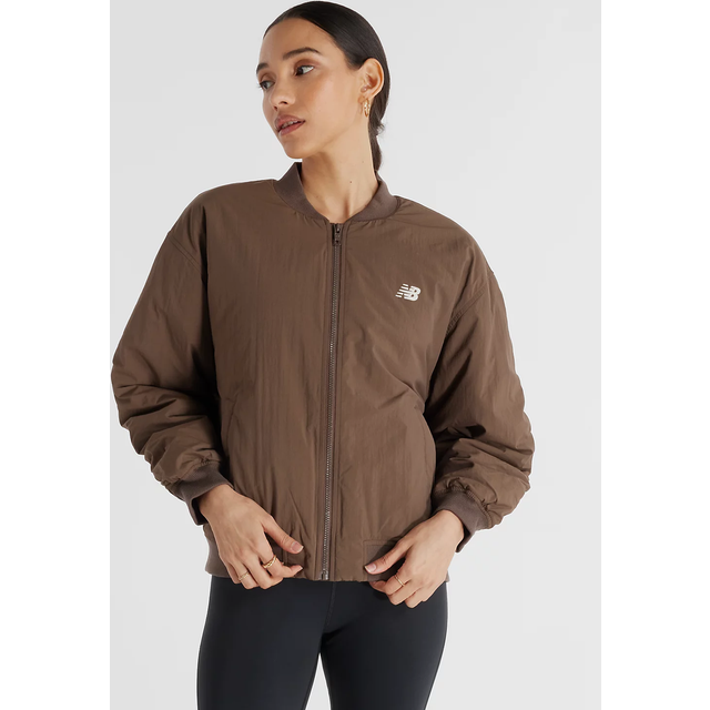 New Balance Women's Graphic Woven Bomber Jacket in Brown Polywoven, size X-Large - XL
