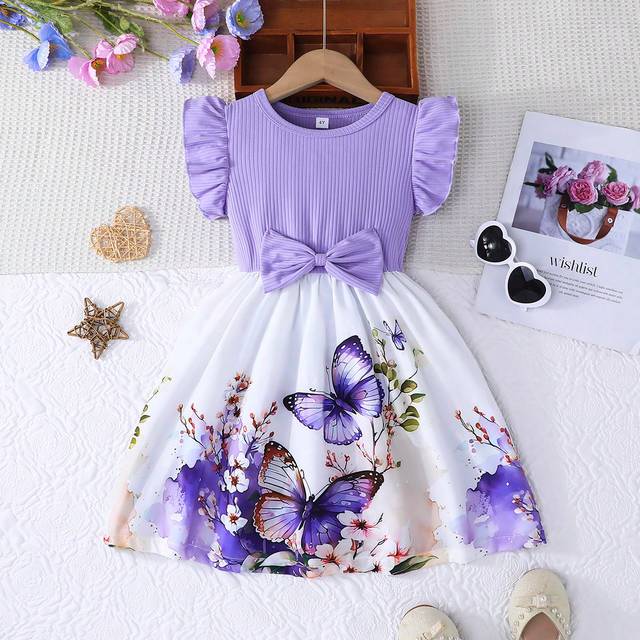 SHEIN Young Girl Casual Ruffle Sleeve Bowknot Waist Rose Floral Print Dress, Summer