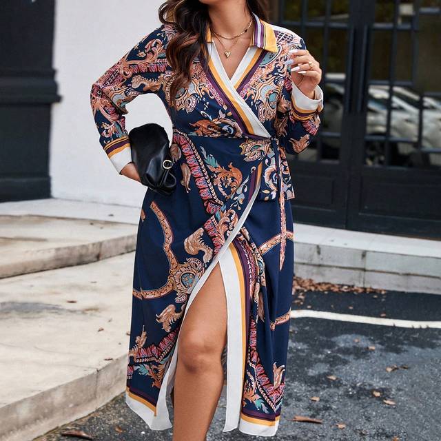 Franclia Plus Size Retro Print Tie-Up Wrap Around Dress, Fashionable For Autumn Season