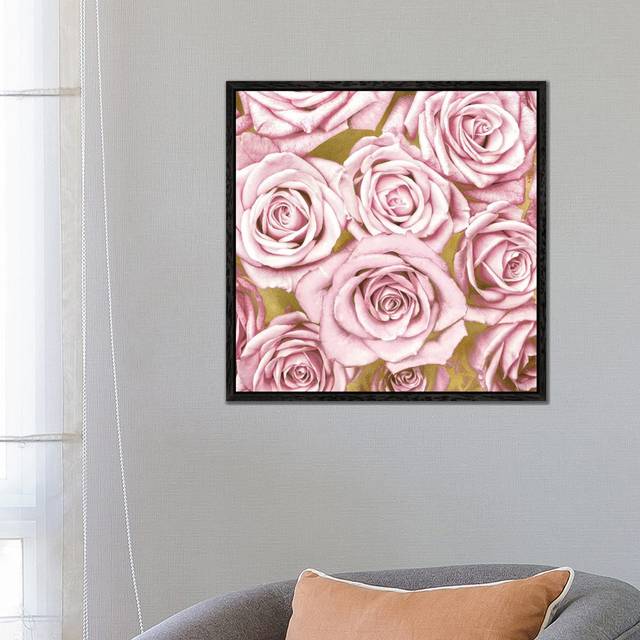 'Roses on Gold' Graphic Art on Wrapped Canvas in Pink - Black Floater Framed (66.04 cm H x 66.04 cm W)