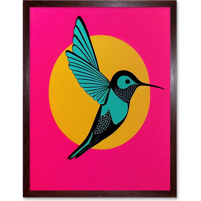 Wall Art Print Vibrant Retro Pop Art Hummingbird Graphic Design Art Framed - Brown - W12 inch x H16 inch