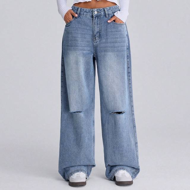 SHEIN New Arrival Distressed Light Blue Washed Casual Denim Jeans For Fall/Winter