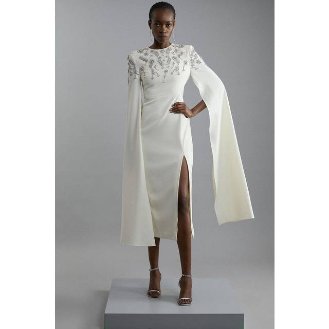 Compact Stretch Viscose Crystal Embellished Cape Maxi Dress - Ivory