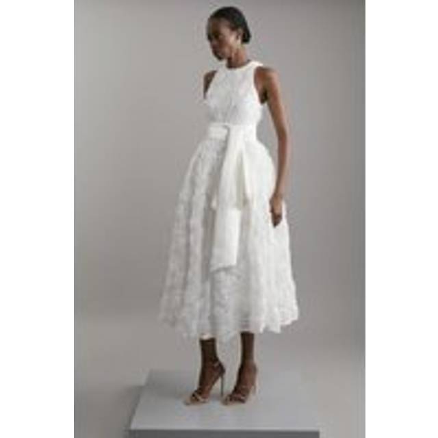 Romantic Rosette Texture Woven Prom Midi Dress - Ivory