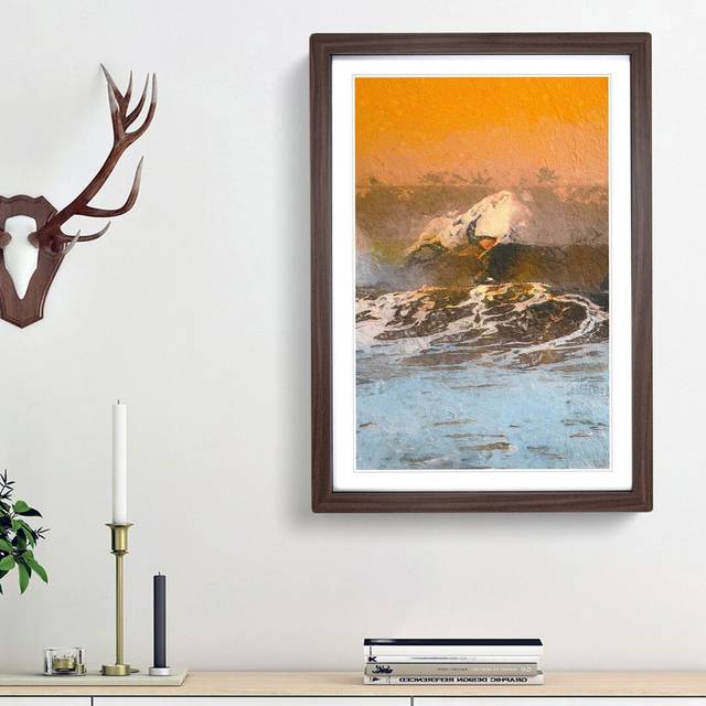 Surfing as the Sun Sets - Picture Frame Painting Print - Walnut Framed (65cm H x 48cm W x 2cm D)