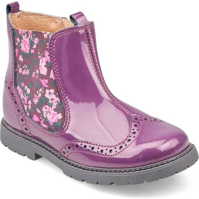 Chelsea, Navy leather/floral girls zip-up ankle boots - Pink