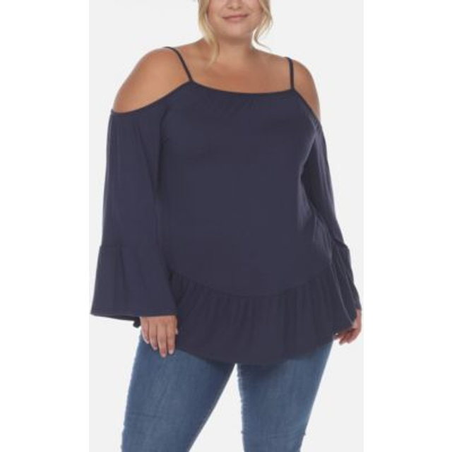 White Mark PS1352-02-2X Plus Size Cold Shoulder Ruffle Sleeve Top, Navy - 2X