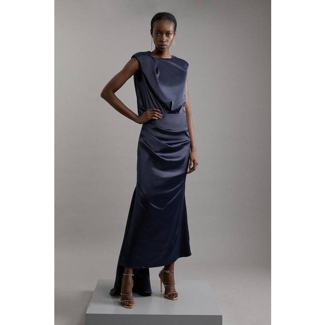 Sleeveless Satin Drape Woven Maxi Dress - Navy