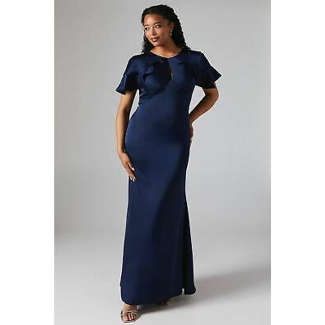 Cape Shoulder Keyhole Detail Satin Bridesmaid Maxi Dress - Navy - 12
