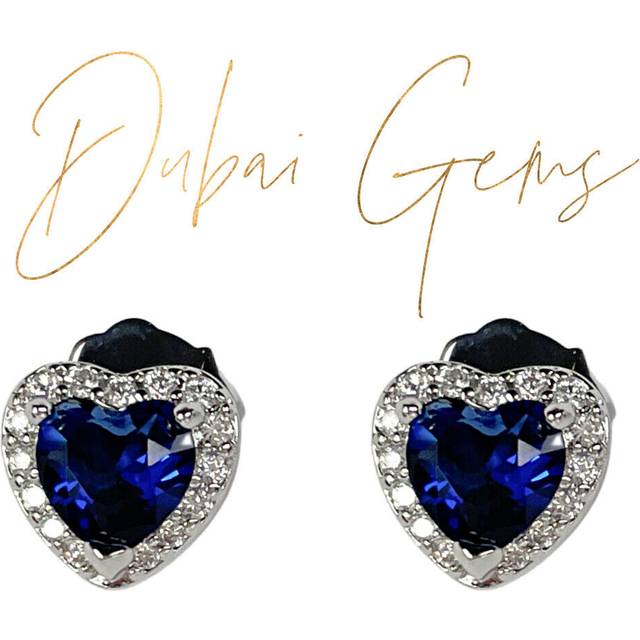 White gold finish blue sapphire heart cut created diamond stud earrings