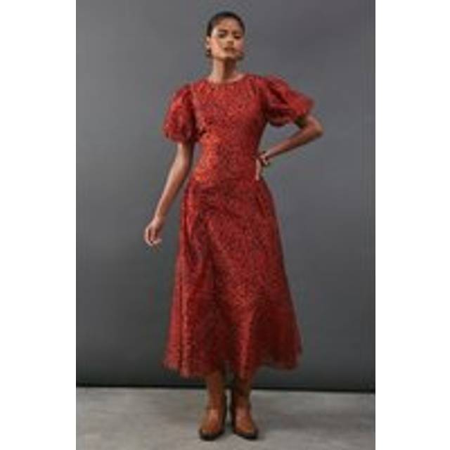 Womens Animal Organza Puff Sleeve Godet Side Midi Dress - Multi - 8