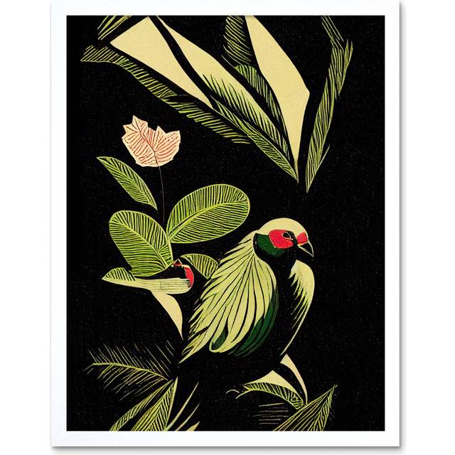 Wall Art Print Green Black Modern Vintage Tropical Plant Leaves with Bird Art Framed - White - W12 inch x H16 inch