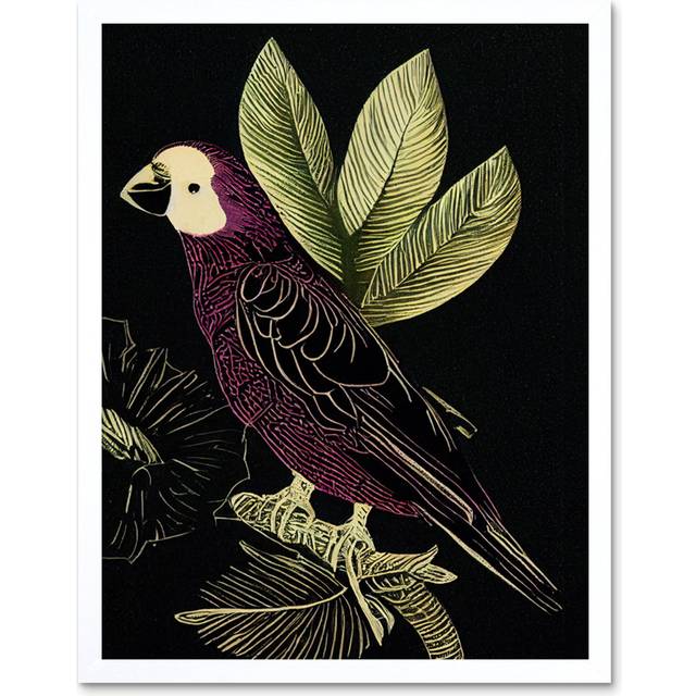 Parrot Leaves Tree Branch Vintage Linocut - Art Prints - White Framed Unframed (25.9cm H x 20.6cm W x 1.5cm D)