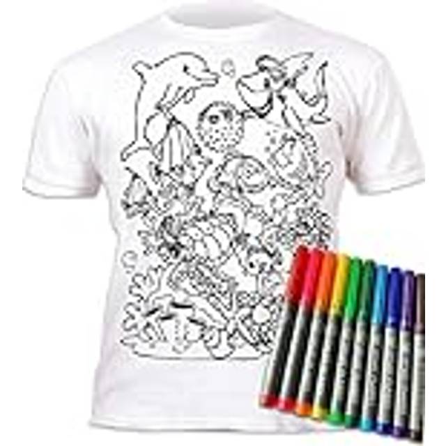 Colour-in Sea Life T-Shirt with 10 Non-Toxic Washable Magic Pens - Colour Your Own, Colour-in and Wash Out T-Shirt (12-13 Years) White