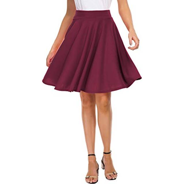 EXcHIc Womens casual Stretchy Flared Mini Skater Skirt Basic A-Line Pleated Midi Skirt (XL, Wine Red)