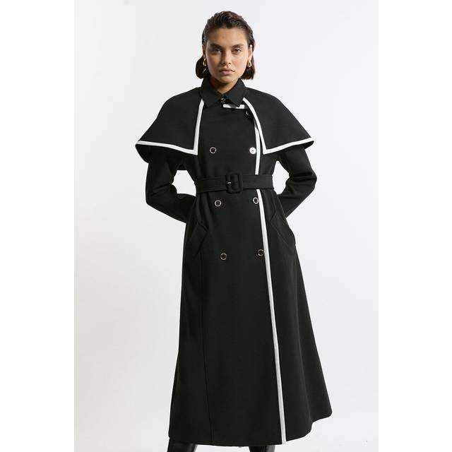 Tailored Contrast Tip Detail Cape Trench Midi Coat - Black