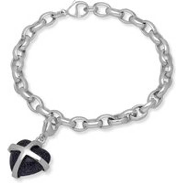 Sterling Silver Whitby Jet Medium Cross Heart Charm Bracelet - Option1 Value Silver