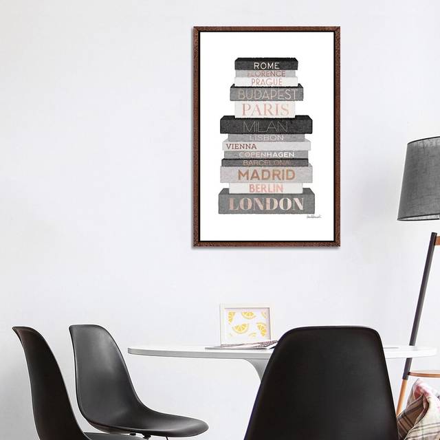 City Books Europe, Grey & Rose Gold by Amanda Greenwood - Painting Print on Canvas - Classic Brown Wood Framed Canvas (101.6cm H x 66.04cm W x 3.81cm D)
