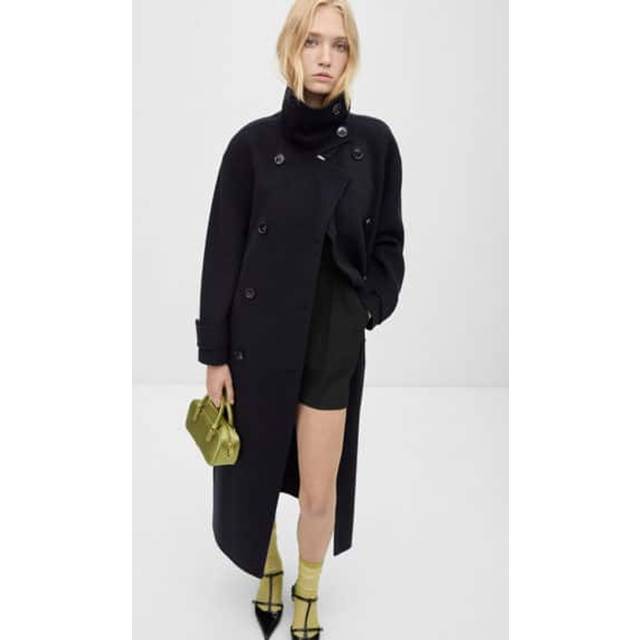 Mango Ocean Wool Blend Double Button Longline Coat, Navy