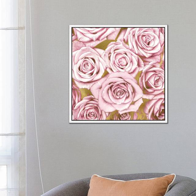 'Roses on Gold' Graphic Art on Wrapped Canvas in Pink - White Floater Framed (66.04 cm H x 66.04 cm W)
