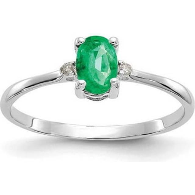 14K White Gold Diamond & Emerald Birthstone Ring - Size 6
