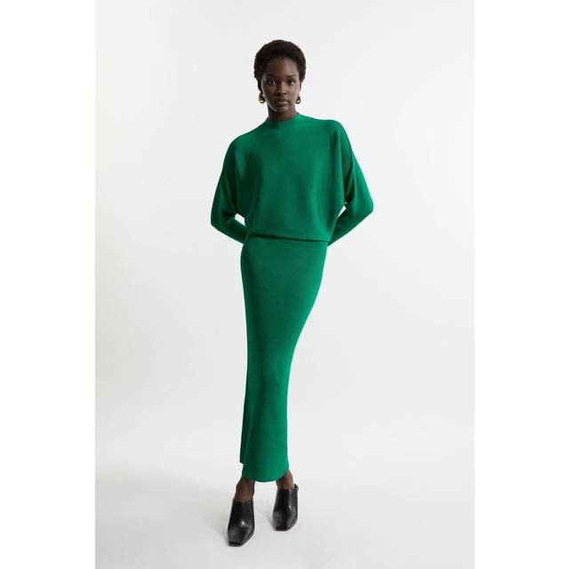 Slinky Drape Knit Bat Wing Pencil Midi Dress - Green